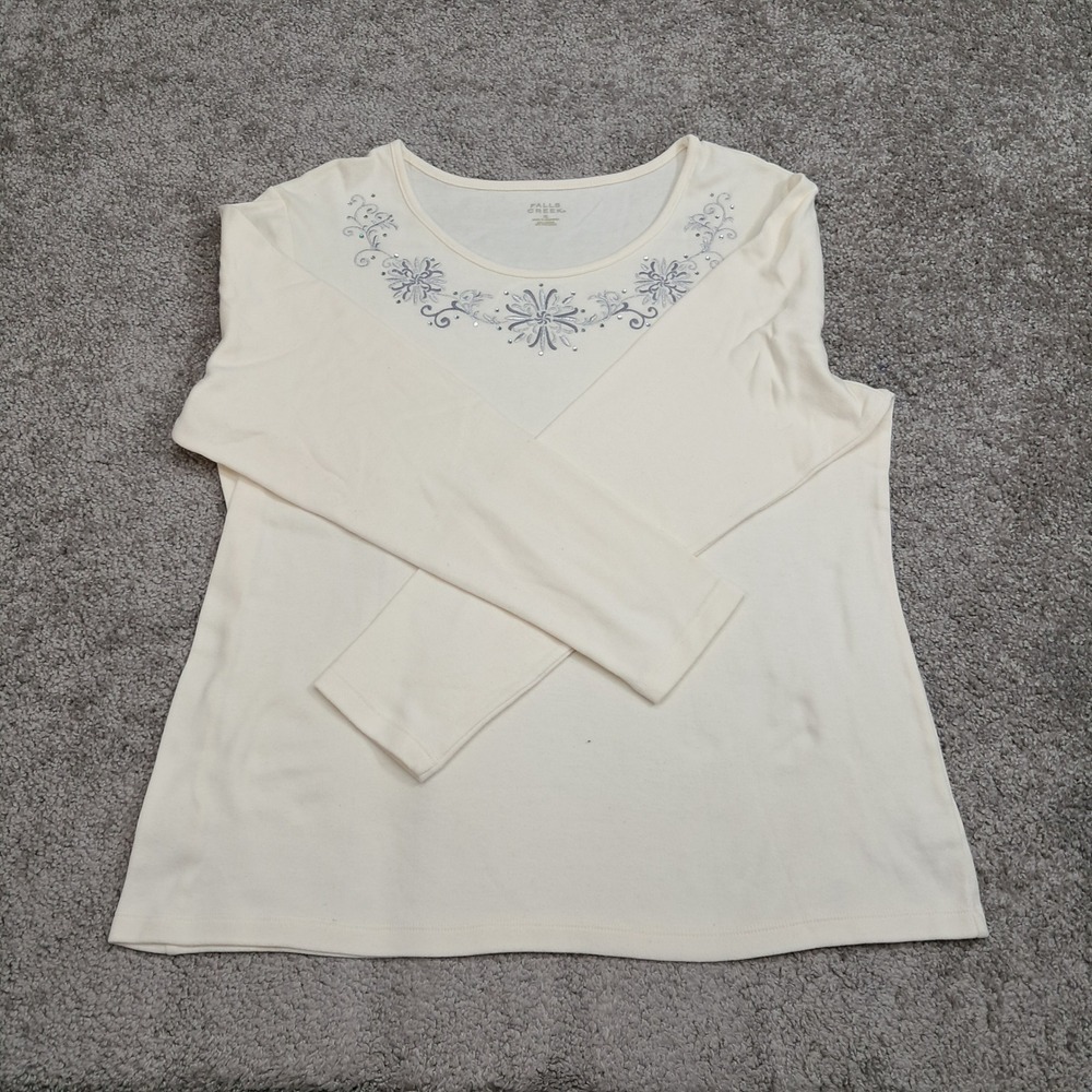 Falls Creek Womens XL Cream Long Sleeve Embroidered Floral Rhinestone Top Shirt
